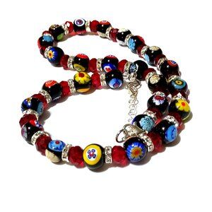 Multicolor Millefiori & Red Crystal Beaded Necklace With Rhinestone Spacers And